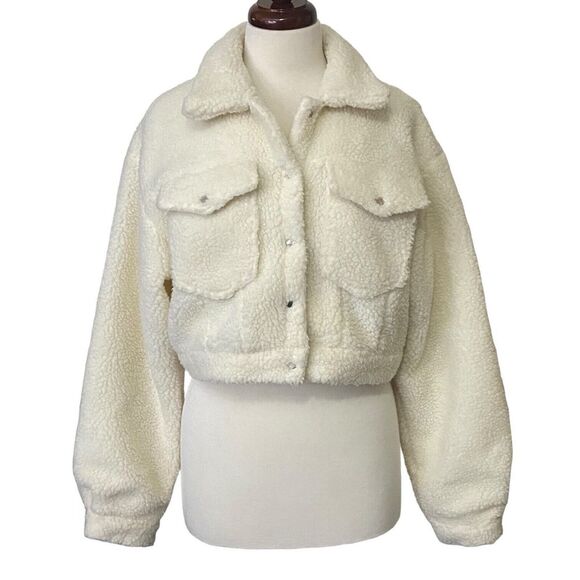 Cider Jackets & Blazers - Cider Womens Sherpa Teddy Fleece Cropped Snap Button Jacket Cream Size Small